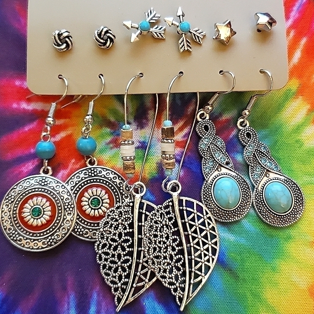 Nwt Silver Turquoise Boho Drop Dangle Earrings Stud Earrings Set of 6